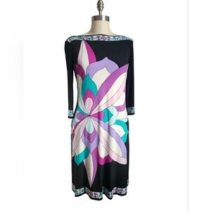 DONNA MORGAN Oversized Abstract Floral & Border Navy Blue Dress | SZ 10